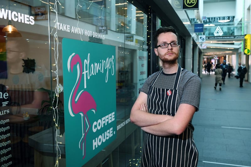Flamingos is Leeds' first late-night LGBTQ+ friendly coffee house, serving a wide variety of hot and cold drinks and locally-sourced food in sustainable packaging. Pictured is owner James Greenhalgh outside the Central Arcade cafe.