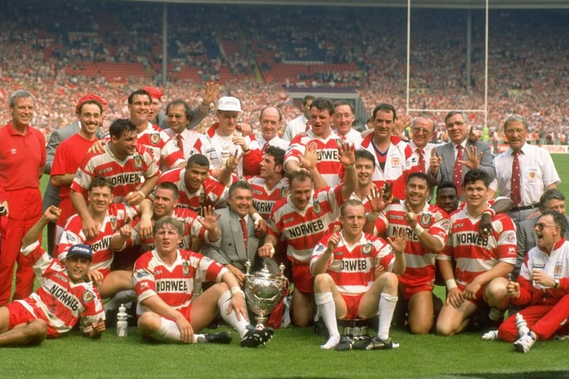 1993:  A group photograph of Wigan after their victory in the Challenge Cup final at Wembley Stadium in London.