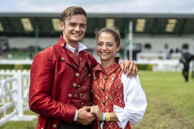14 July 2021.....   Great Yorkshire Show Day 2 Wednesday.
Ben Atkinson proposes to Georgie Jackson in the main ring during his performance with Atkinson action horses from Eastrington near Goole. Picture Tony Johnson