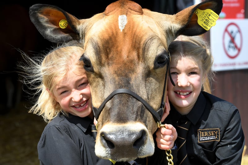 The Great Yorkshire Show Day 1..Bethany Wood (left) pictured with her sister. Emily and Susie the Jersey from Ravenfield Jerseys, Hornsea.13th July 2021..