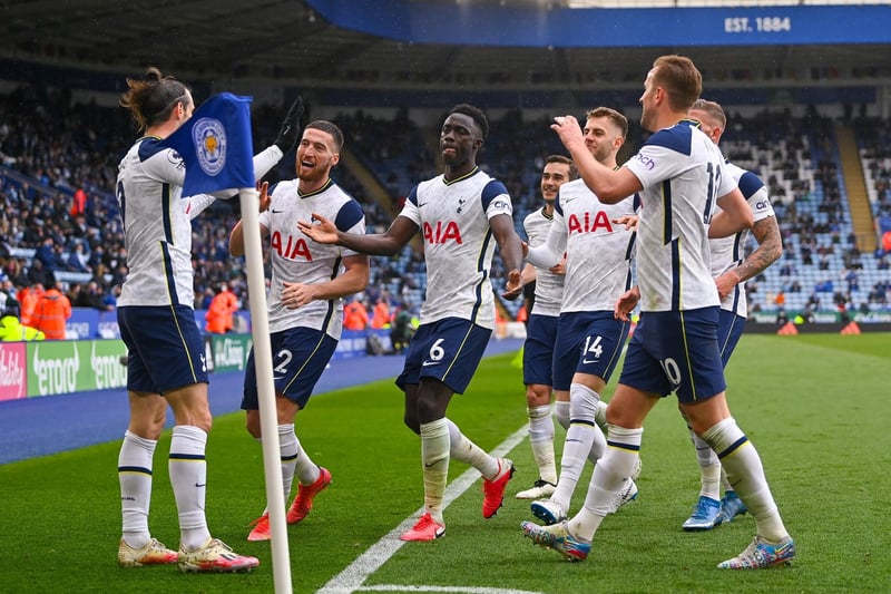 Gareth Bale of Tottenham Hotspur celebrates with teammates after scoring his team's fourth goal during the Premier League match between Leicester City and Tottenham Hotspur at The King Power Stadium on May 23, 2021 in Leicester, England.
