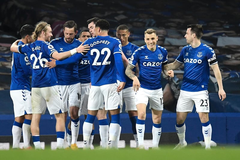 Gylfi Sigurdsson of Everton celebrates with teammates after scoring their team's second goal during the Premier League match between Everton and Tottenham Hotspur at Goodison Park on April 16, 2021 in Liverpool, England.