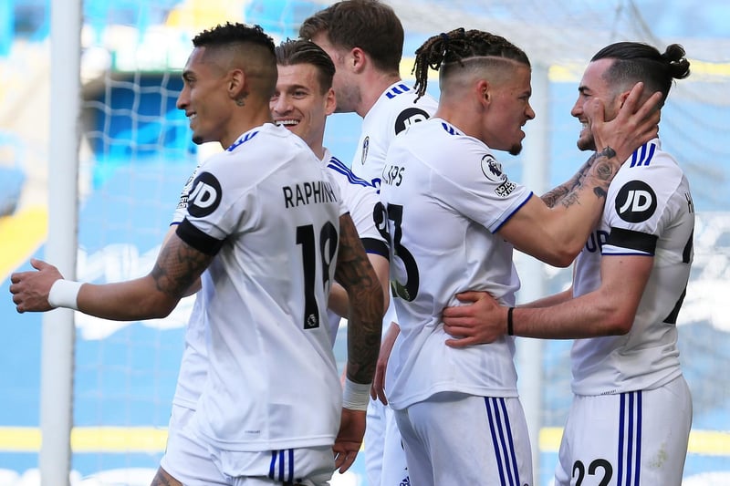 Jack Harrison of Leeds United celebrates with Kalvin Phillips and teammates after scoring their team's first goal during the Premier League match between Leeds United and Sheffield United at Elland Road on April 03, 2021 in Leeds, England.