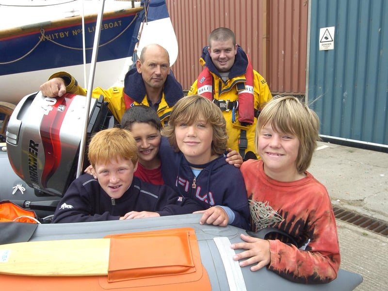 Pictured with lifeboat crew members Martyn Cairns and Nick Botham are Robbie Keys, Brian Pope, Lee Wright and Dylan Goldsmith.