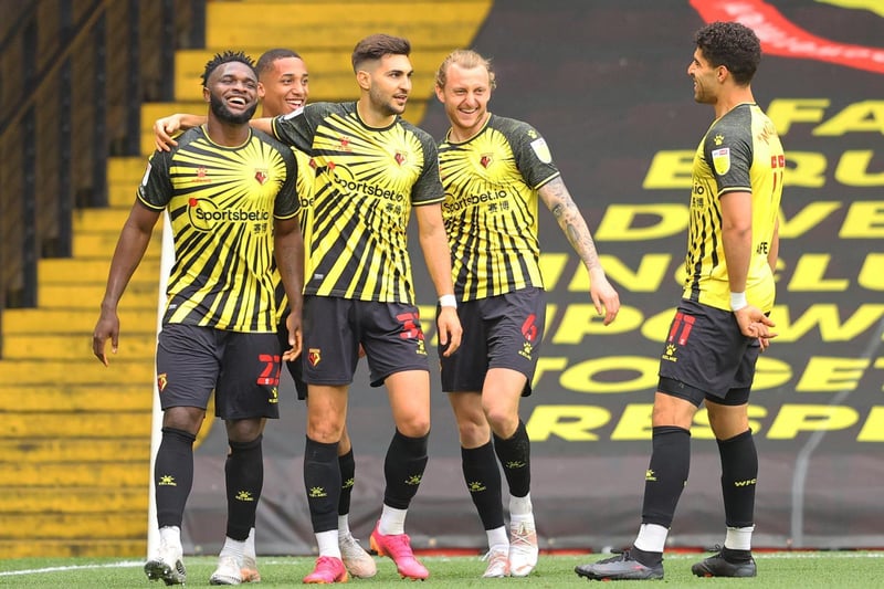 Isaac Success of Watford FC celebrates after scoring their team's second goal with Marc Navarro, Joao Pedro, Ben Wilmot and Adam Masina during the Sky Bet Championship match between Watford and Swansea City at Vicarage Road on May 08, 2021 in Watford, England.