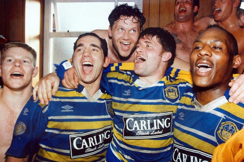 Leeds RL celebrate their Silk Cut Challenge Cup semi-final win against St. Helens in March 1994. Pictured, left to right, are Jason Donohue, Richie Eyres, Neil Harmon, Alan Tait, Gary Rose, Ellery Hanley and Gary Mercer.