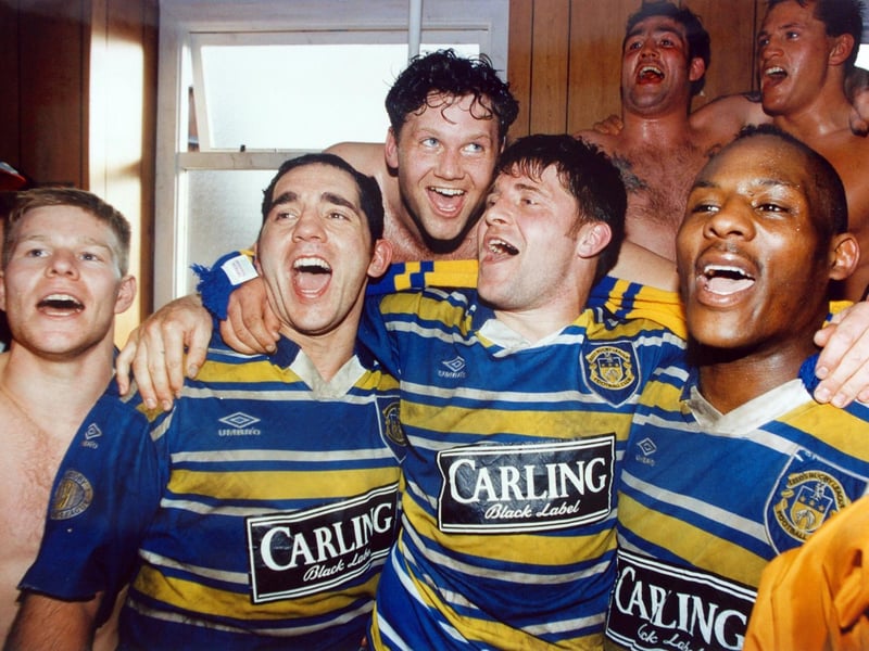 Leeds RL celebrate their Silk Cut Challenge Cup semi-final win against St. Helens in March 1994. Pictured, left to right, are Jason Donohue, Richie Eyres, Neil Harmon, Alan Tait, Gary Rose, Ellery Hanley and Gary Mercer.