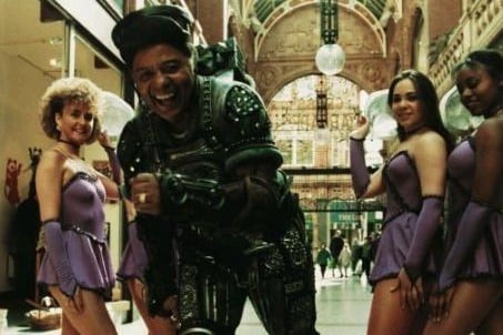 Lon Satton skates into Leeds to publicise his Broadway Express show in April 1994. He was greeted at the Victoria Quarter by, from left, Sally Speight, Sally Moorhouse (partly hidden), Tahlia Borlant and Anoulka Libu.