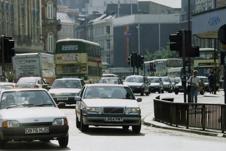 A traffic-choked Duncan Street in Leeds city centre pictured in May 1994.