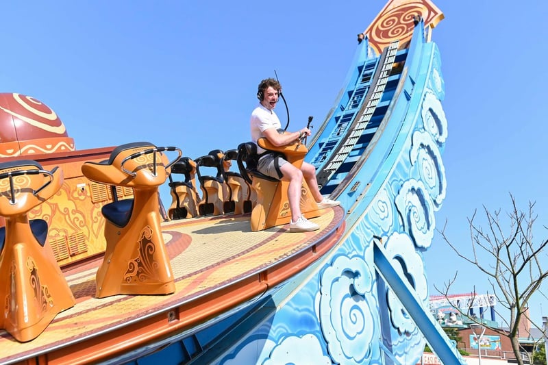 Jordan riding the Avatar Airbender in Nickelodeon Land at Blackpool Pleasure Beach. Pic: Radio 1 Breakfast with Greg James