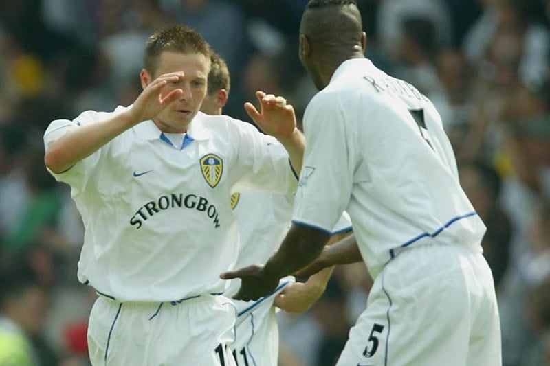 Nick Barmby is congratulated by Lucas Radebe after scoring on his debut.