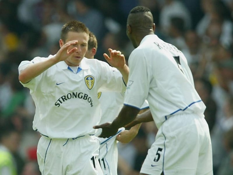 Nick Barmby is congratulated by Lucas Radebe after scoring on his debut.