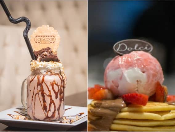 A sundae from Ice Scoop Gelato (left) and pancakes at Haute Dolci (right)