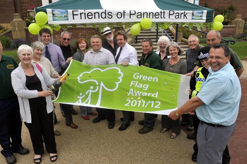 Friends of Pannett Park and SBC parks and countryside gardeners celebrate a Green Flag Award.