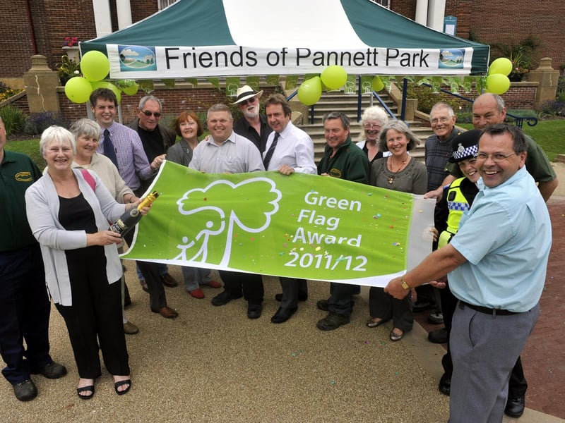 Friends of Pannett Park and SBC parks and countryside gardeners celebrate a Green Flag Award.