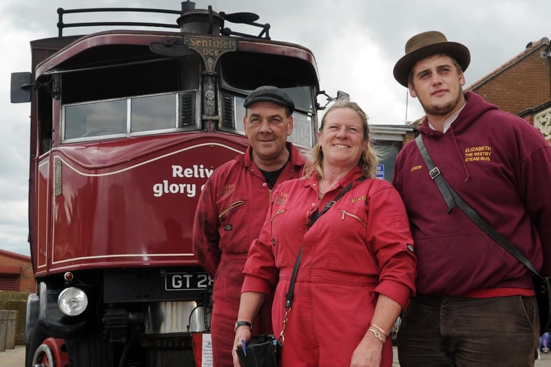 Elizabeth the Steam Bus and her crew, from left, Vernon, Viv and Vernon (Junior) Smith.