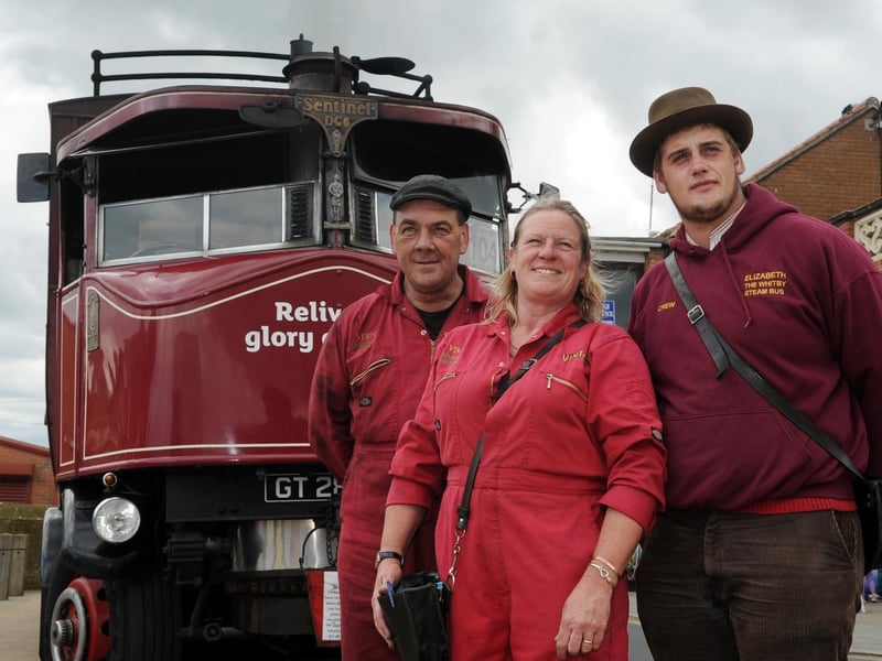 Elizabeth the Steam Bus and her crew, from left, Vernon, Viv and Vernon (Junior) Smith.