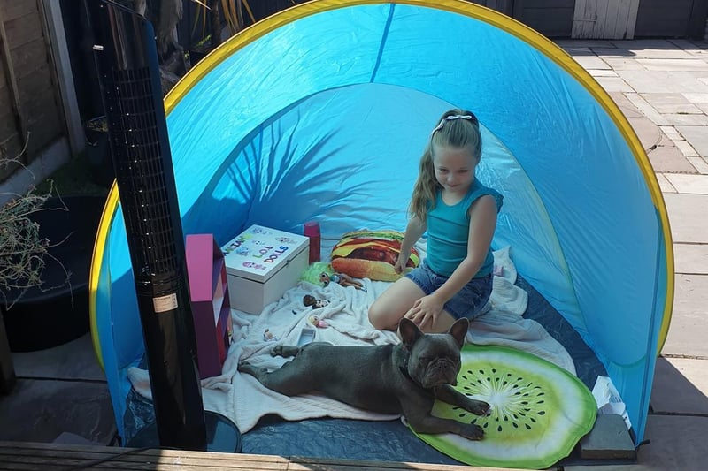 Eric keeping cool in the sun tent with his human sister. Photo: Louise Bamber