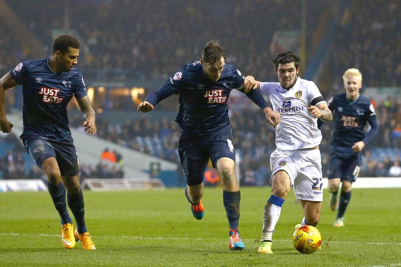 Alex Mowatt holds off the challenge of Derby County's Richard Keogh during the Championship clash at Elland Road in November 2014.