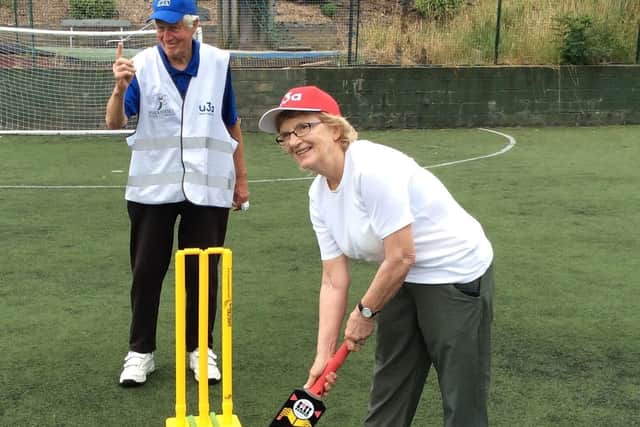Pictured, Kate Mason, 78, who has suffered from depression, since adolescence, but since taking up the sport of walking cricket 14 months ago she said her mental health has improved “drastically” and she will shortly be heading to the Emerald Headingley Stadium to play in a match. Photo credit: Submitted photo