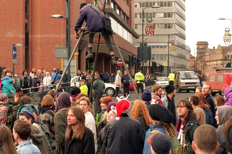 A demonstration by the Reclaim The Streets in December 1995 brought traffic in Leeds city centre to a standstill. The first barricades go up on Merrion Street.