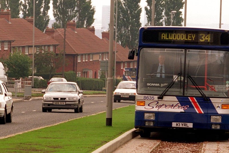 A Superbus makes its way up a guided bus lane on Scott Hall Road in September 1995.