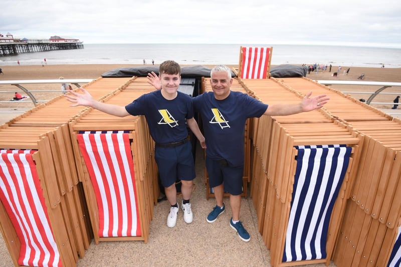 Oh we do like to be beside the seaside!Deckchairs are back on Blackpool beach. Beach-goers can sit back and relax at a cost of £3 for the day.
