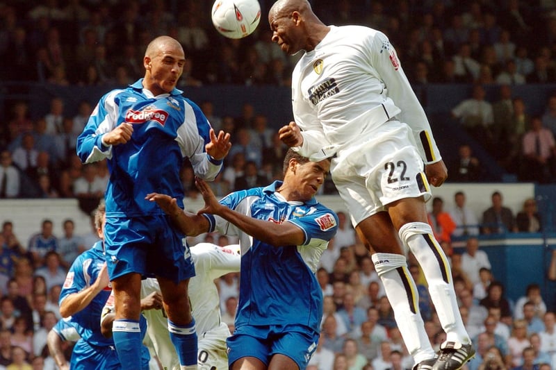 Defender Michael Duberry climbs above the Rams defence.