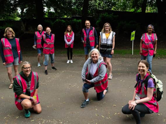 Race director Rachel Le Borgne, in white jacket, with some of the volunteers at the return of the Dewsbury Parkrun at Crow Nest Park on Saturday morning