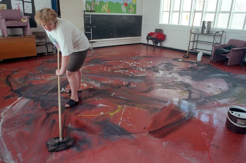 Vandals targeted Middleton Primary School. Pictured is assistant caretaker Sylvia Major cleaning up the mess.