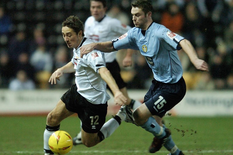 Frazer Richardson gets hands on with Derby County's Tommy Smith during the Championship clash at Pride Park in January 2005.