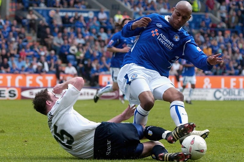 Frazer Richardson tackles Leicester City's Jordan Stewart during the Championship clash at the Walkers Stadium in May 2005.