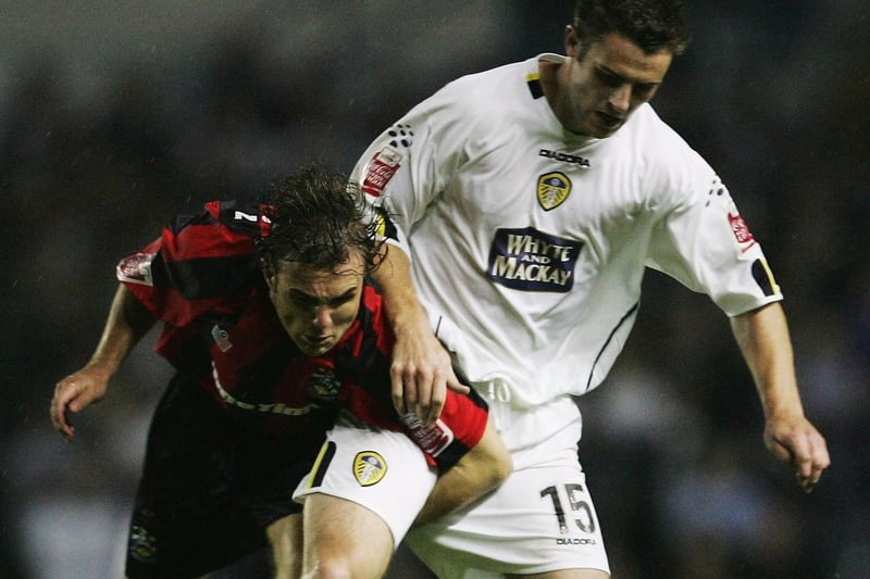 Frazer Richardson battles side by side with Huddersfield Town's Chris Brandon during the Carling Cup first round clash at Elland Road in August 2004.