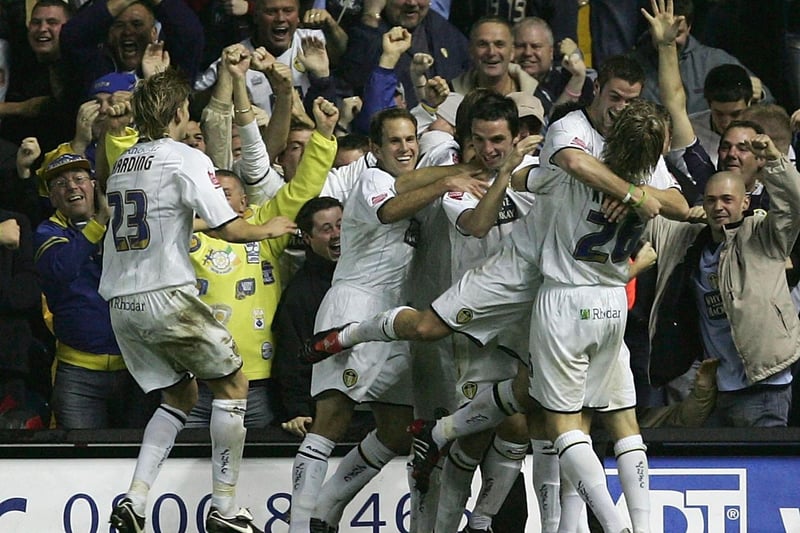 Frazer Richardson is congratulated by teammates after scoring during the Championship clash with Sheffield United at Elland Road in October 2005.