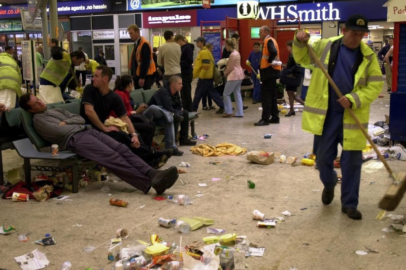 The clear-up operation was underway at Leeds City Station after the Love Parade at Roundhay Park.