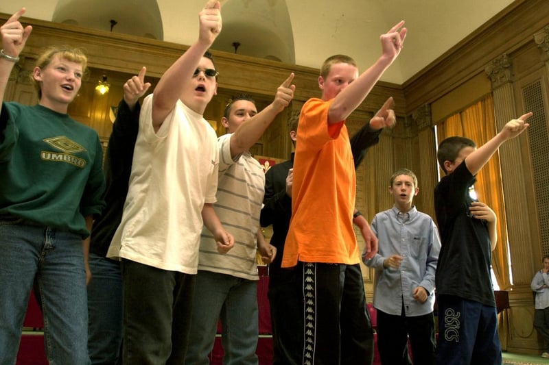 Members of Harehills & South Leeds Youth Theatre groups perform a production called The Forked Path. It was specially written for the launch of the Leeds Youth Justice Plan at Leeds Civic Hall.