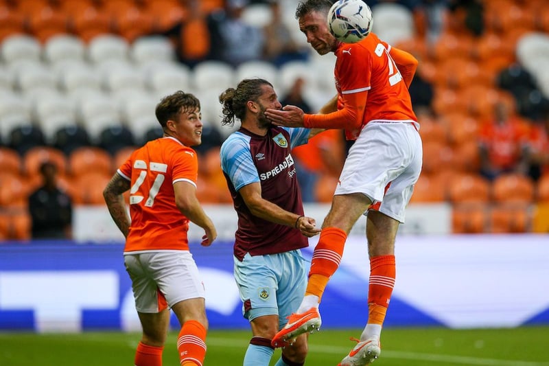 Blackpool's Richard Keogh vies for possession with Burnley's Jay Rodriguez