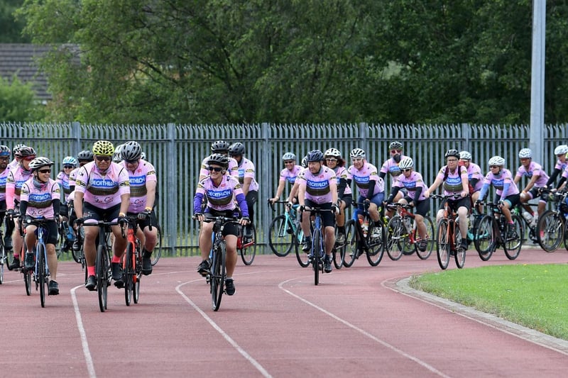 The Jo Cox Way Bike Ride gets ready to depart from the Princess Mary Stadium, Cleckheaton. Photo: Simon Hulme