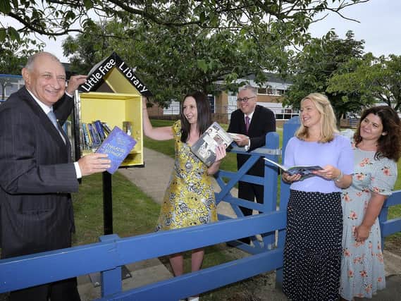St Augustine's new Little Free Library opens with Consort Norman Murphy and Deputy Mayor Roxanne Murphy , Head Paul Griffin, Andrea Rewcroft who donated the library and School librarian Ruchelle Gomersall...pic Richard Ponter