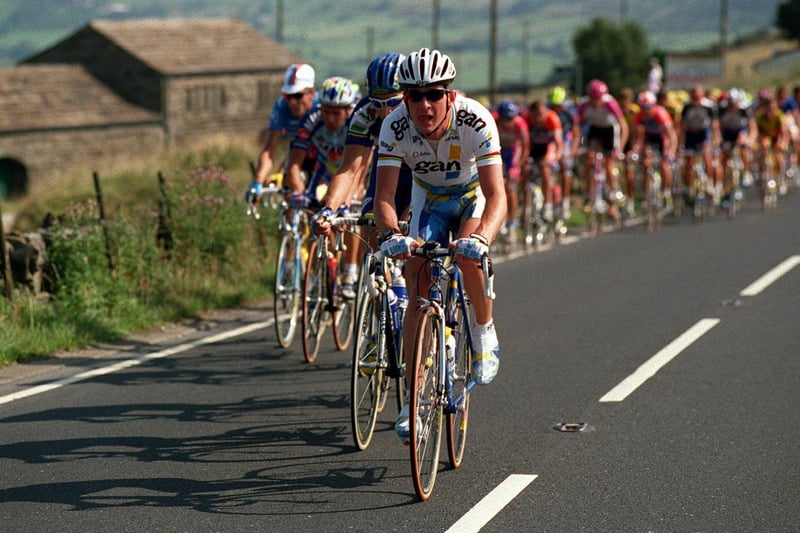 Chris Boardman leads the peloton on the climb over Oxenhope Moor to Hebden Bridge during the early stages of the Leeds Classic in August 1996.