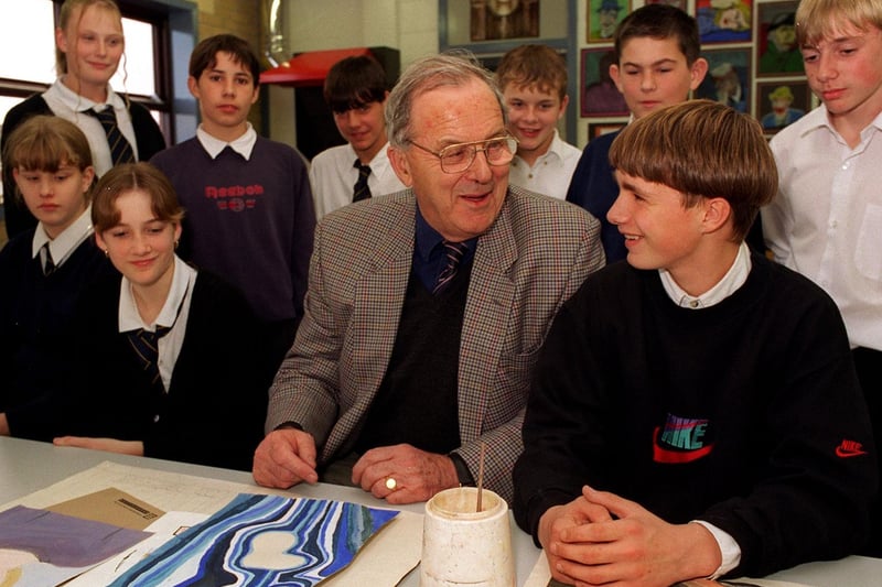 Lord Merlyn Rees meets pupils in the art department when he visited Merlyn Rees High School to open a new arts, technology and science block in October 1996.
