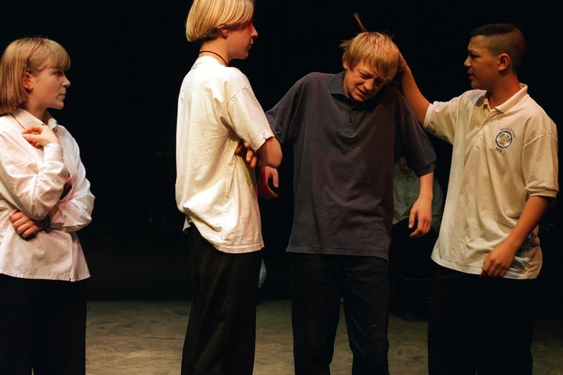 December 1996 and pupils at Middleton Park High School staged Ghost In My Dreams, a play about bullying. Pictured are Zoe Smith, Jamie Brown with Shane Platts (left) and Simon Allotey.