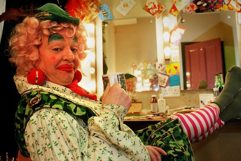 Feet up between shows in December 1996. Panto Dame David Barry prepares for Babes in the Wood at Leeds City Varieties.