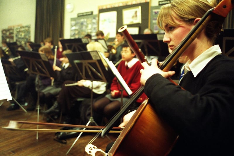 Claire Parker a Cellist in the Calderdale Youth Orchestra rehearsing in Halifax back in 1998.
