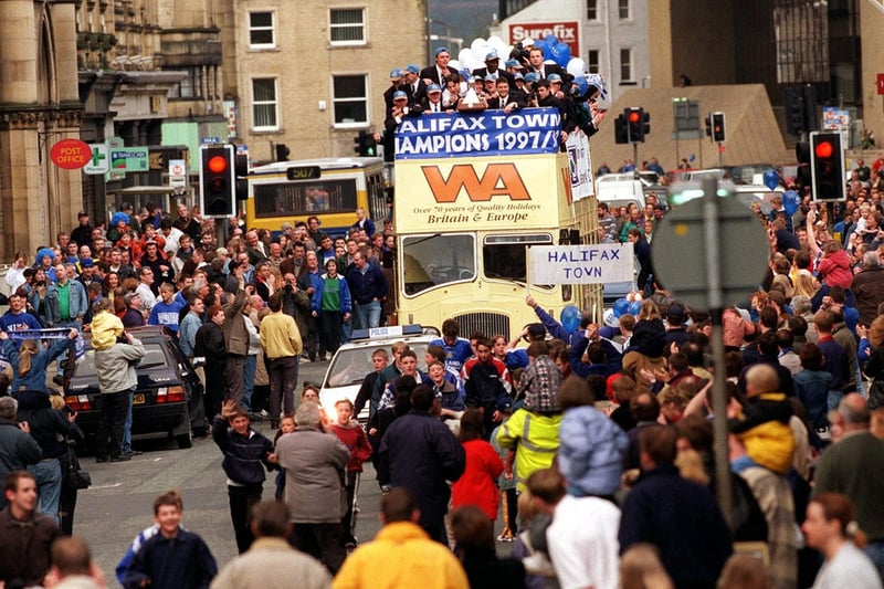 Champions Halifax Town came home with the Vauxhall Conference League Trophy along Commercial Street on their way to a reception at the Town Hall.