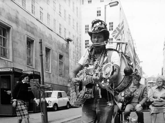 Shakey Jake, a Cockney busker with six puppets, performed on the streets of Leeds City Centre on June 19, 1983.