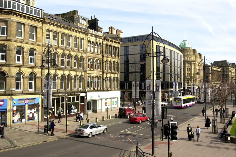 A landscape view of Bradford City Centre, Centenary Square on March 26, 2002. Do you notice any differences between now and 19 years ago?