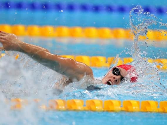 Anna Hopkin of Team Great Britain competes in the Mixed 4 x 100m Medley Relay Final  at Tokyo Aquatics Centre
