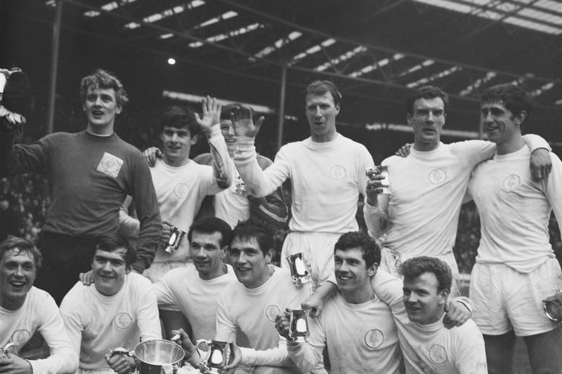 Terry Cooper, second row bottom left, celebrating after Leeds United's 1968 League Cup final triumph against Arsenal in which Cooper netted the only goal of the game. Photo by Evening Standard/Hulton Archive/Getty Images.