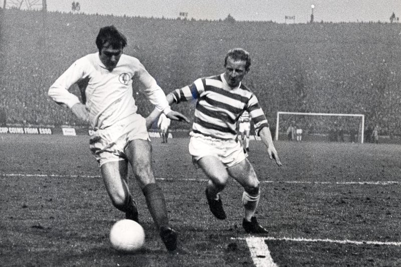 Terry Cooper battles it out with Celtic's Jimmy Johnstone in the European Cup semi final second leg at Hampden Park of April 1970. Picture by Bill Hirst and Roy Fox/YPN.